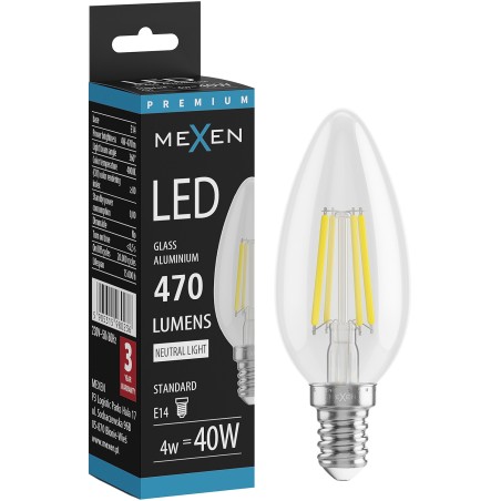 Mexen Vintis LED крушка с нажежаема жичка E14, C35, 4W, неутрална - 4000K, 470 lm,