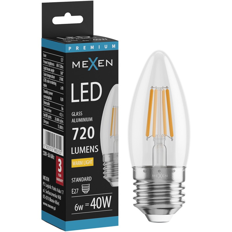 Mexen Vintis LED филамент крушка E27, C35, 6W, Топла - 2700K, 720 lm, прозрачна - L154-E27-0627-00