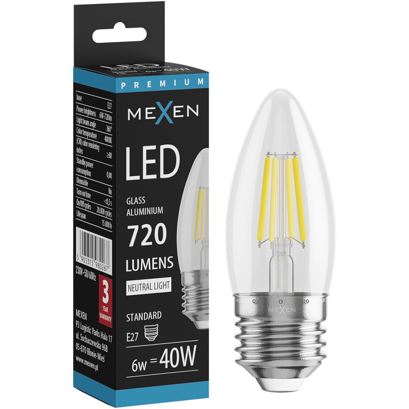 Mexen Vintis Крушка филамент LED E27, C35, 6W, Неутрална - 4000K, 720 lm, прозрачен