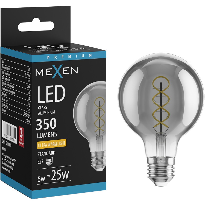 Mexen Vintis Крушка с нажежаема спирала LED E27, G80, 6W, Топла - 2200K, 350 lm, димирана
