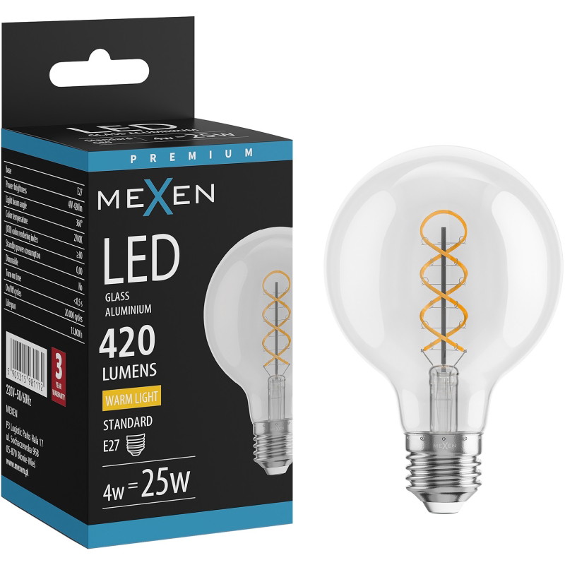 Mexen Vintis LED спирална нишкова крушка E27, G80, 4W, Топла - 2700K, 420 lm, прозрачна