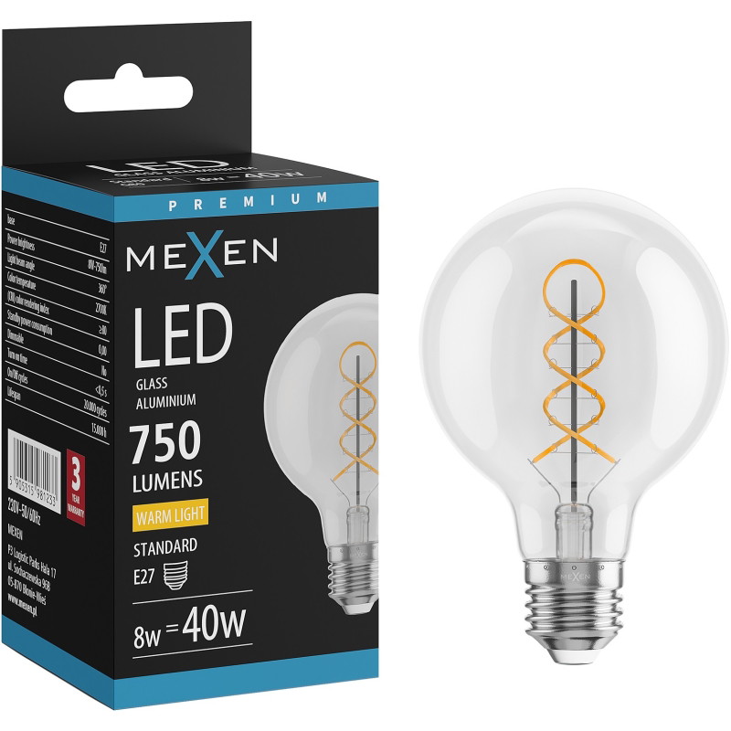 Mexen Vintis Крушка с нажежаема LED нишка спирала E27, G80, 8W, Топло - 2700K, 750 lm,
