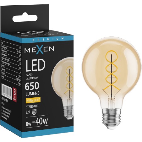 Mexen Vintis LED крушка филамент спирала E27, G80, 8W, Топло - 2700K, 650 lm, кехлибар