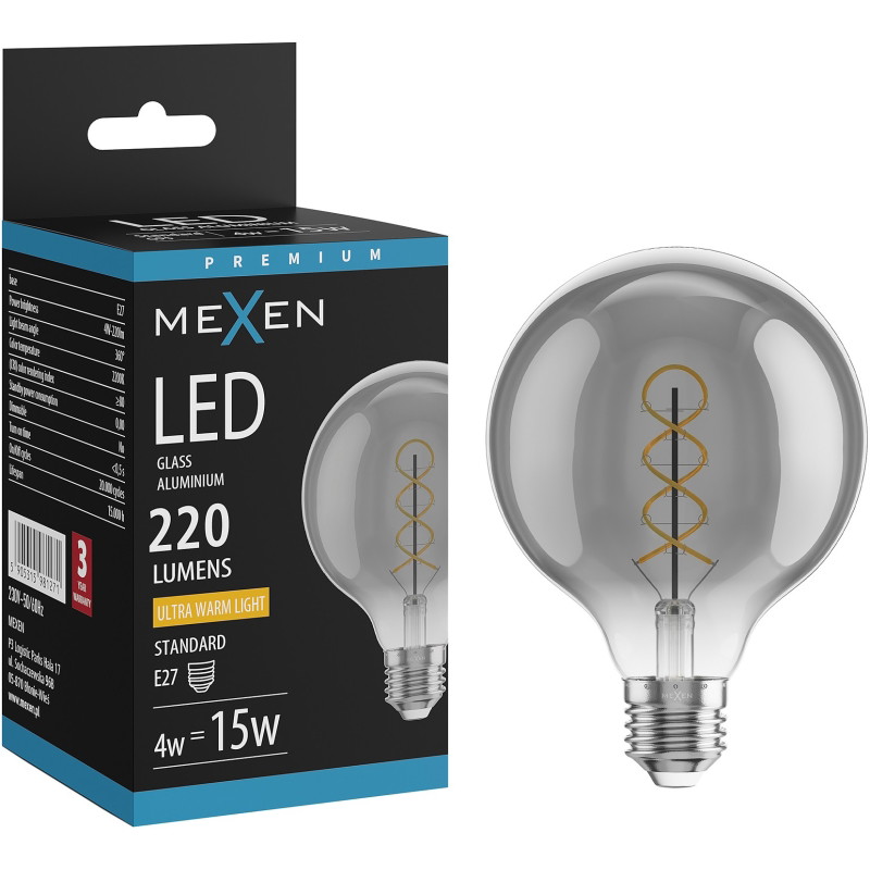 Mexen Vintis LED спирална крушка с нажежаема жичка E27, G95, 4W, Топло - 2200K, 220 lm,