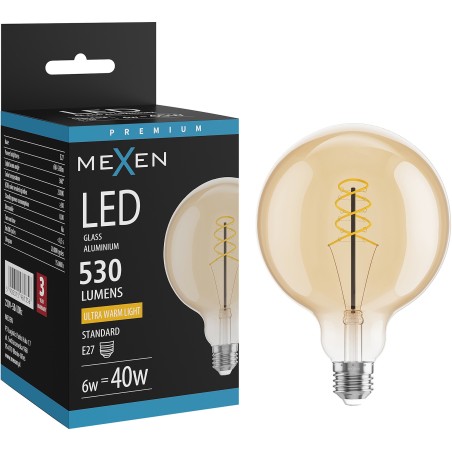 Mexen Vintis LED спирална нажежаема жичка E27, G125, 6W, Топла - 2200K, 530 lm, кехлибар