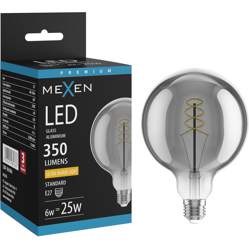 Mexen Vintis LED крушка с филаментна спирала E27, G125, 6W, Топло - 2200K, 350 lm, пушек