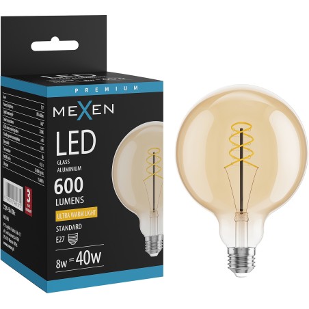 Mexen Vintis LED спираловидна нажежаема жичка E27, G125, 8W, Топло - 2200K, 600 lm,