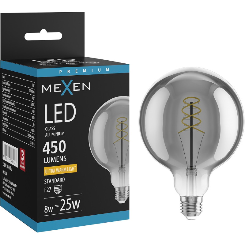 Mexen Vintis Крушка с нажежаема жичка спирала LED E27, G125, 8W, Топла - 2200K, 450 lm,