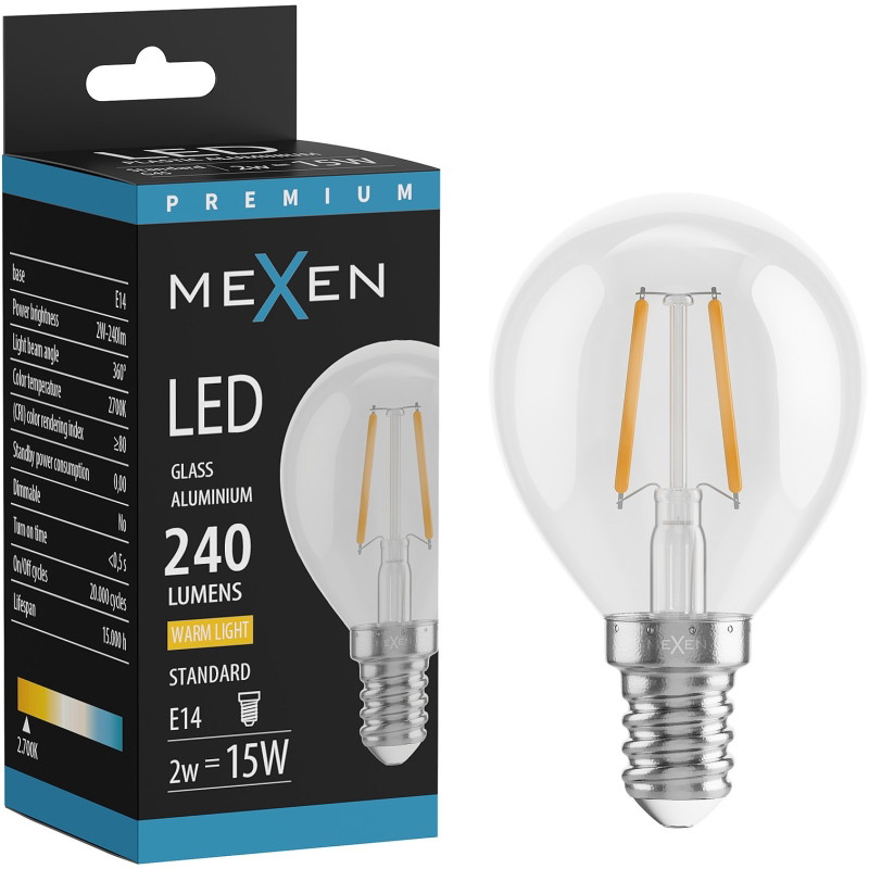 Mexen Vintis LED филамент крушка E14, G45, 2W, топла - 2700K, 240 lm, прозрачна - L156-E14-0227-00