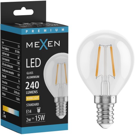 Mexen Vintis LED филамент крушка E14, G45, 2W, топла - 2700K, 240 lm, прозрачна - L156-E14-0227-00
