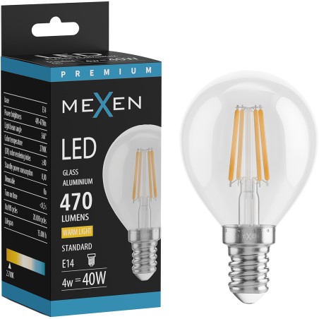 Mexen Vintis LED филаментна крушка E14, G45, 4W, Топло - 2700K, 470 lm, прозрачна