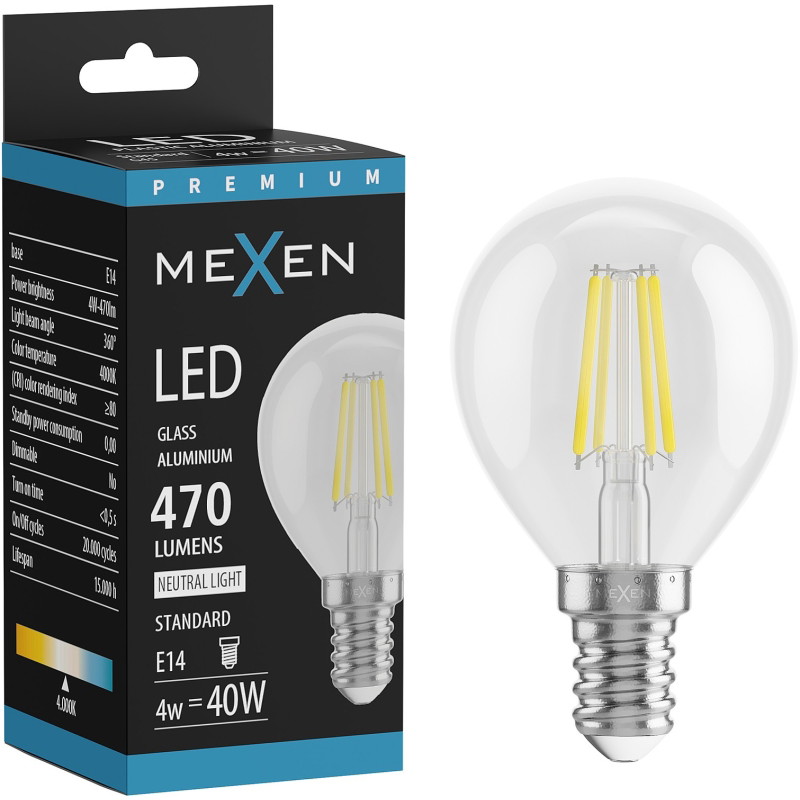Mexen Vintis LED нажежаема крушка E14, G45, 4W, Неутрална - 4000K, 470 lm, прозрачно -