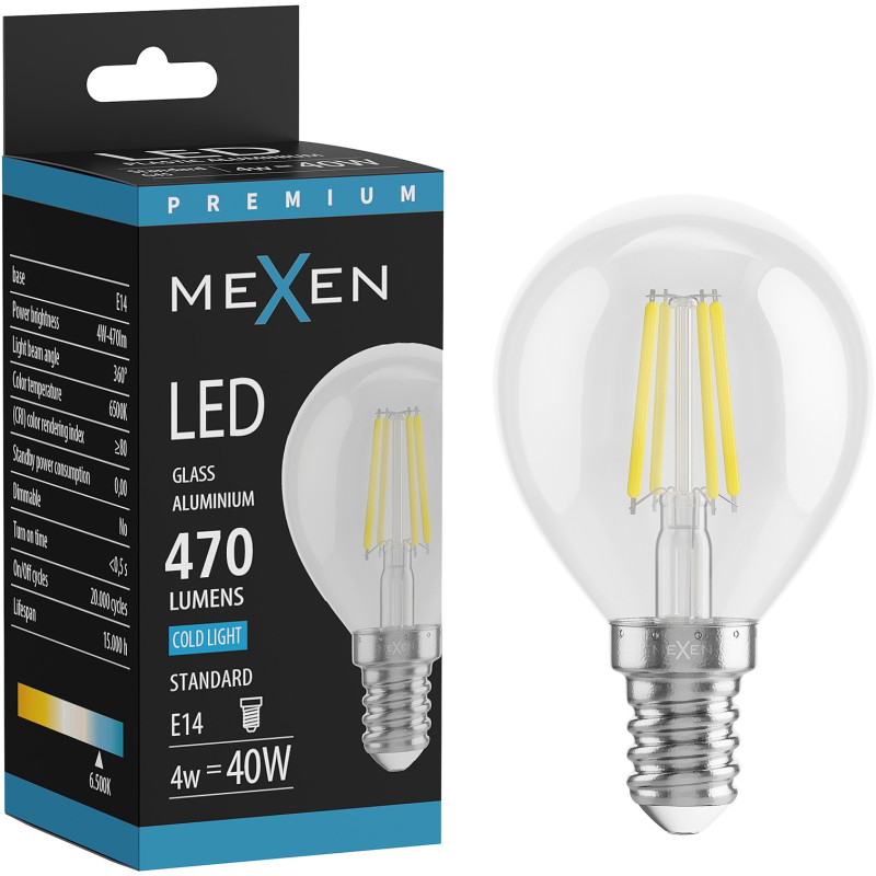 Mexen Vintis LED нишкова крушка E14, G45, 4W, Студена - 6500K, 470 lm, прозрачна - L156-E14-0465-00