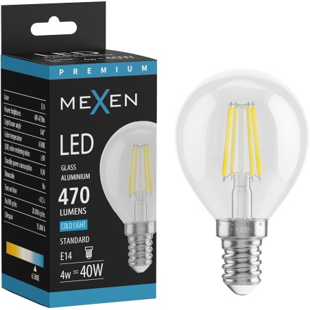 Mexen Vintis LED нишкова крушка E14, G45, 4W, Студена - 6500K, 470 lm, прозрачна - L156-E14-0465-00