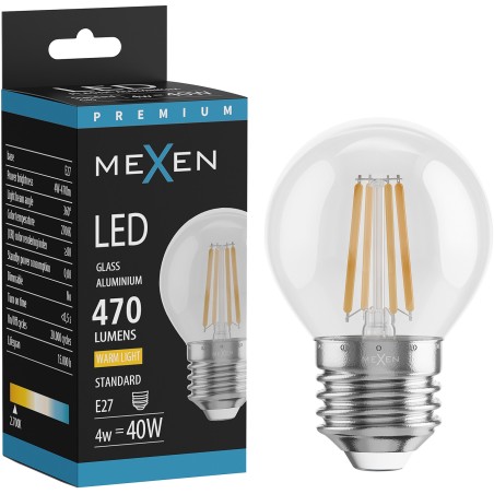 Mexen Vintis LED филаментна крушка E27, G45, 4W, Топла - 2700K, 470 lm, прозрачна