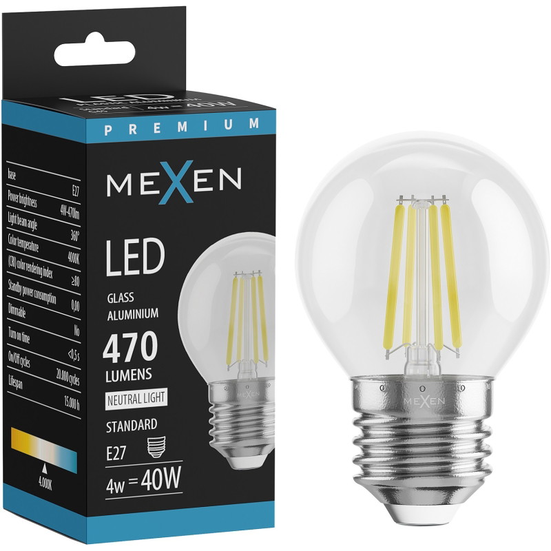 Mexen Vintis LED нажежаема крушка E27, G45, 4W, Неутрална - 4000K, 470 lm, прозрачна -