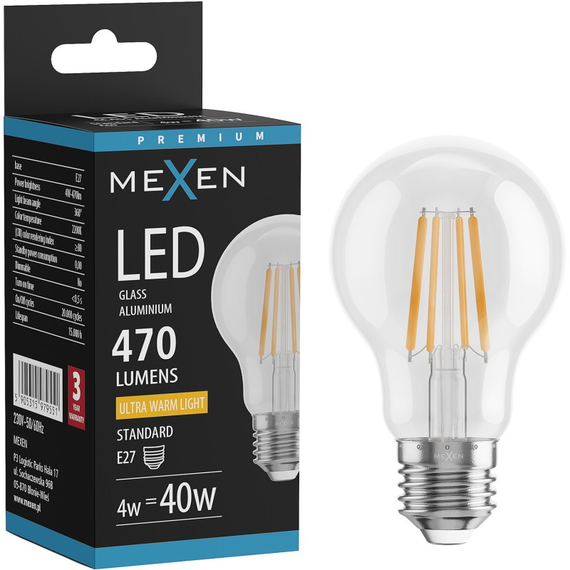 Mexen Vintis LED крушка филaмент E27, A60, 4W, Топла - 2200K, 470 lm, прозрачен - L150-E27-0422-00