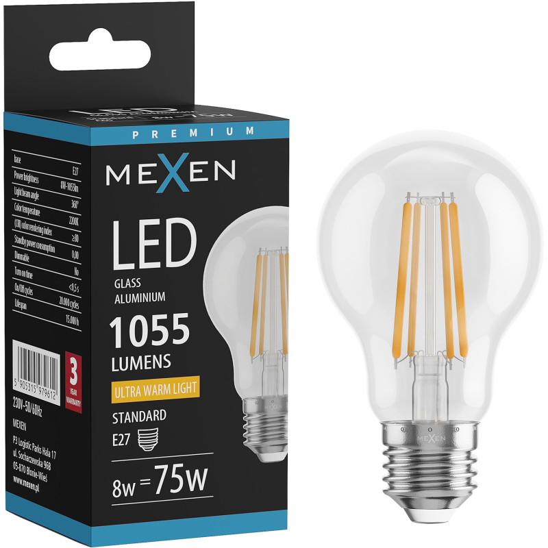 Mexen Vintis LED Е27 нажежаема жичка, A60, 8W, Топла - 2200K, 1055 lm, прозрачен - L150-E27-0822-00