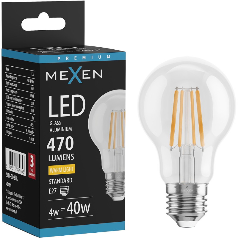 Mexen Vintis LED филамент крушка E27, A60, 4W, Топла - 2700K, 470 lm, прозрачна - L150-E27-0427-00