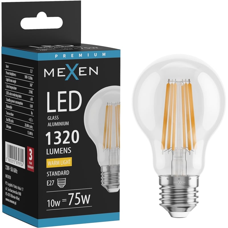 Mexen Vintis LED филамент крушка E27, A60, 10W, Топла - 2700K, 1320 lm, прозрачна - L150-E27-1027-00