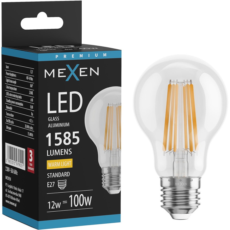 Mexen Vintis LED филамент крушка E27, A60, 12W, Топла светлина - 2700K, 1585 lm, прозрачно