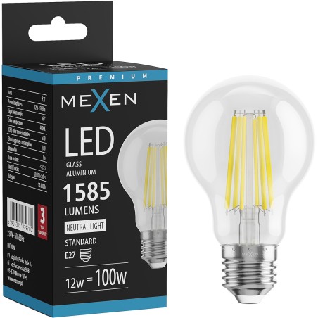 Mexen Vintis LED нажежаема крушка E27, A60, 12W, Неутрална - 4000K, 1585 lm, прозрачна