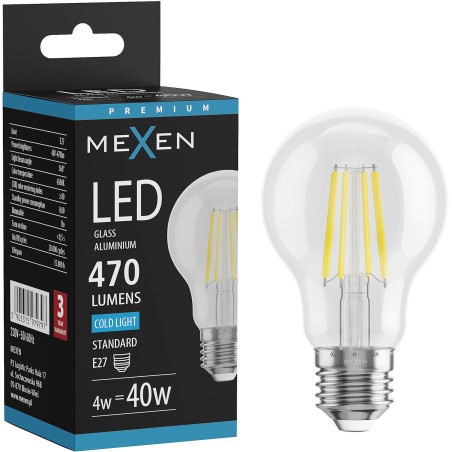 Mexen Vintis Филаментна LED крушка E27, A60, 4W, Студена - 6500K, 470 lm, прозрачна