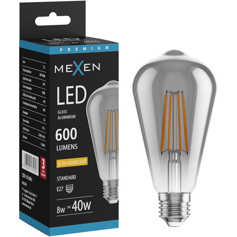 Mexen Vintis LED нажежаема жичка крушка E27, ST64, 8W, Топла - 2200K, 600 lm, дим - L152-E27-0822-70