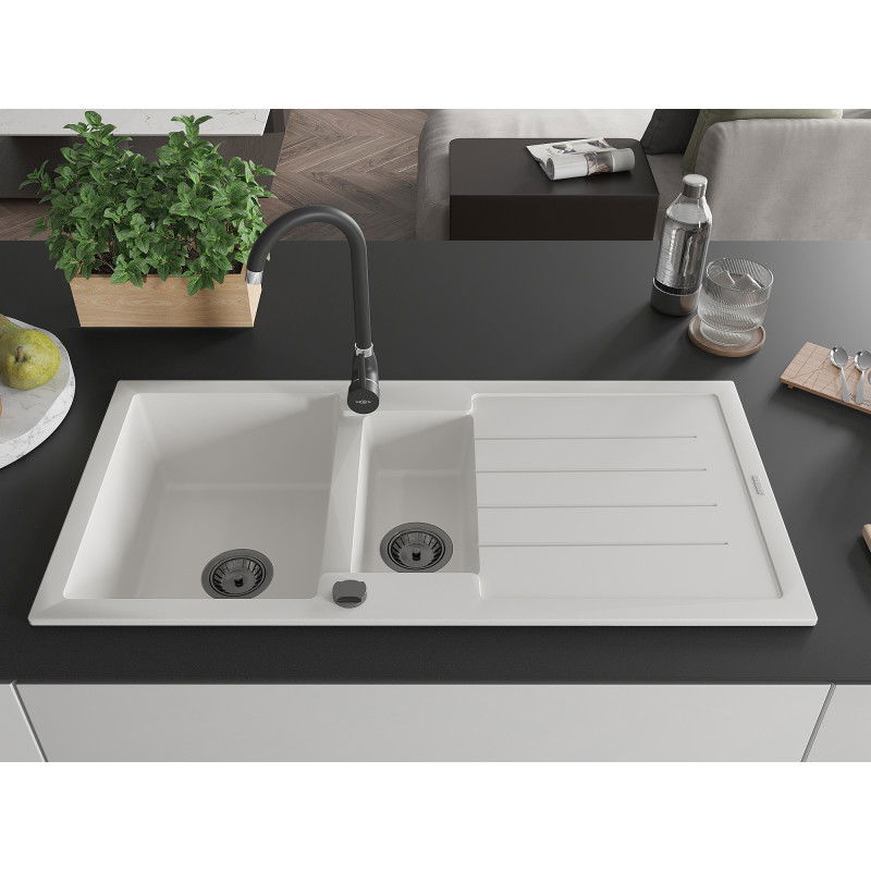 Mexen Andres гранитна мивка 1,5-камерна с отцедник 1000 x 500 mm, бяла, червен сифон - 6515101510-20-B