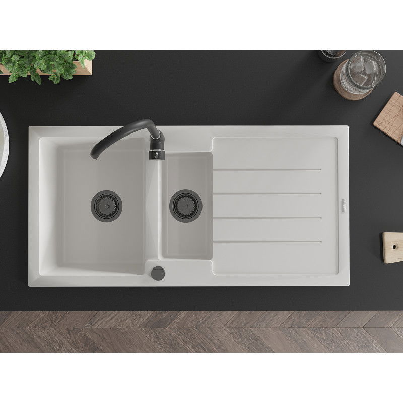 Mexen Andres гранитна мивка 1,5-камерна с отцедник 1000 x 500 mm, бяла, червен сифон - 6515101510-20-B