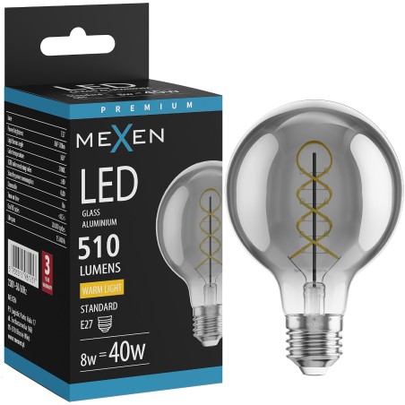 Mexen Vintis LED спирална филаментна крушка E27, G80, 8W, Топла - 2700K, 510 lm, дим