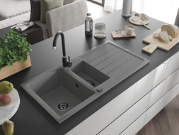 Mexen Andres гранитна мивка 1,5-камерна с отцедник 1000 x 500 мм, сива, черен сифон - 6515101510-71-B