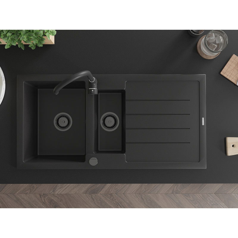 Mexen Andres гранитна мивка с 1,5 камери и отцедник 1000 x 500 mm черна, черен сифон - 6515101510-77-B