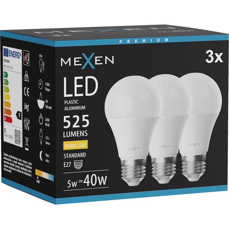 Mexen Nova 3x LED крушка E27, A60, 5W, Топла - 3000K, 525 lm - L100-E27-0530-01x03