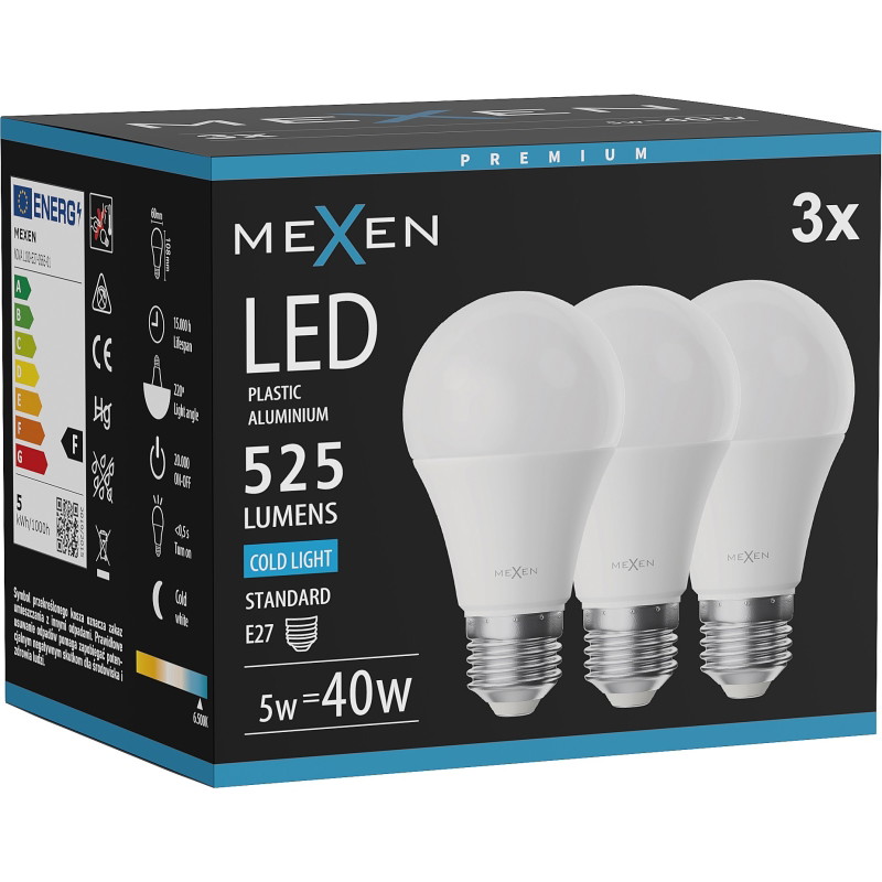Mexen Nova 3x LED крушка E27, A60, 5W, Студена - 6500K, 525 lm - L100-E27-0565-01x03