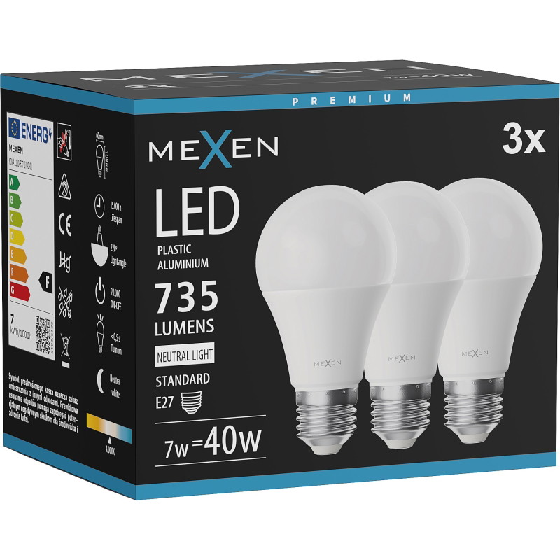 Mexen Nova 3x LED крушка E27, A60, 7W, Неутрална - 4000K, 735 lm - L100-E27-0740-01x03