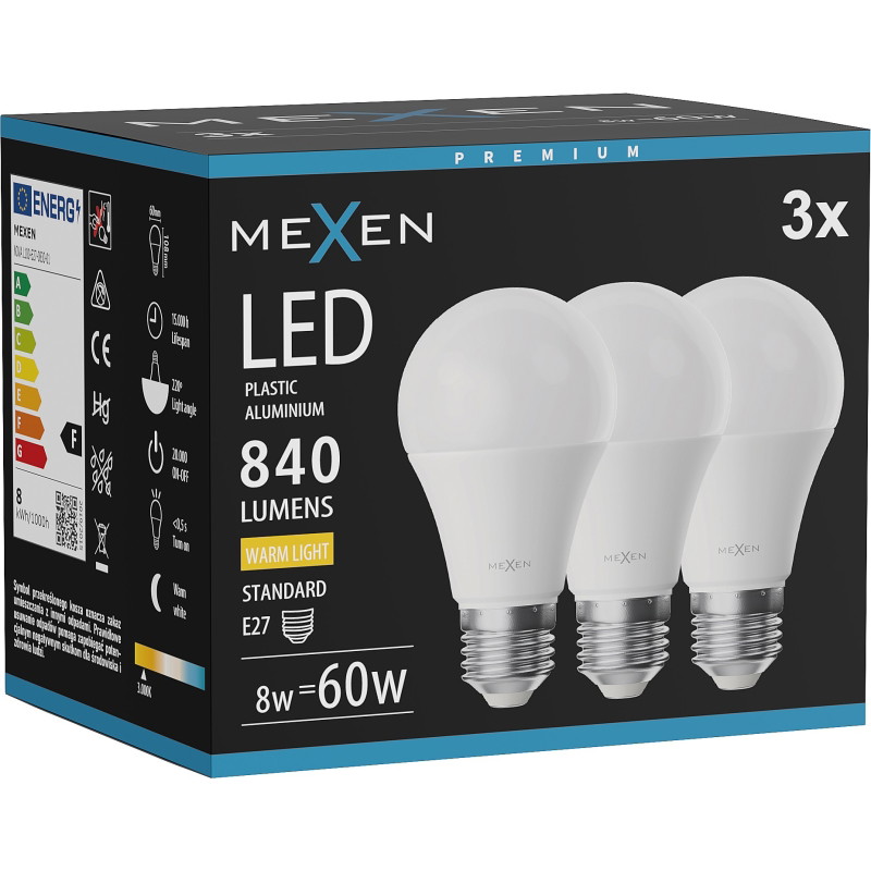 Mexen Nova 3x LED крушка E27, A60, 8W, Топла - 3000K, 840 lm - L100-E27-0830-01x03