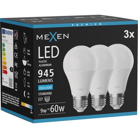 Mexen Nova 3x LED крушка E27, A60, 9W, Студена - 6500K, 945 lm - L100-E27-0965-01x03
