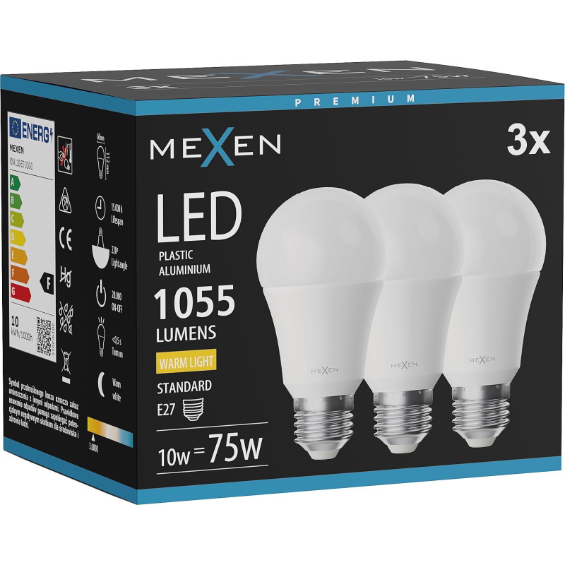 Mexen Nova 3x LED крушка E27, A60, 10W, Топла - 3000K, 1055 lm - L100-E27-1030-01x03