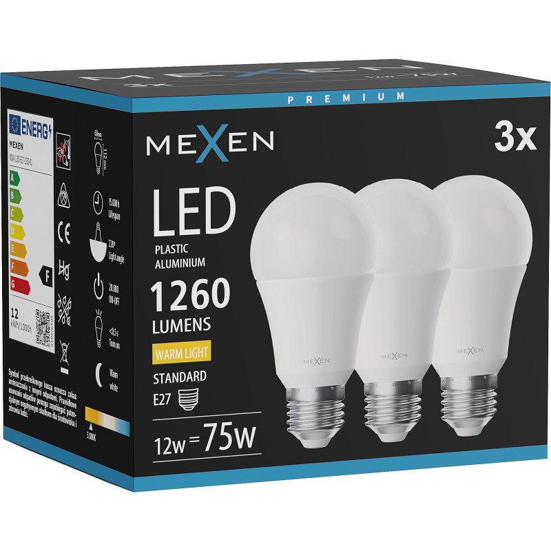 Mexen Nova 3x LED крушка E27, A60, 12W, Топла - 3000K, 1260 lm - L100-E27-1230-01x03