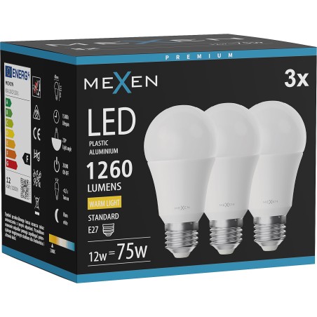 Mexen Nova 3x LED крушка E27, A60, 12W, Топла - 3000K, 1260 lm - L100-E27-1230-01x03