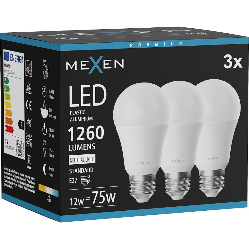 Mexen Nova 3x LED крушка E27, A60, 12W, Неутрална - 4000K, 1260 lm - L100-E27-1240-01x03