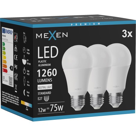 Mexen Nova 3x LED крушка E27, A60, 12W, Неутрална - 4000K, 1260 lm - L100-E27-1240-01x03