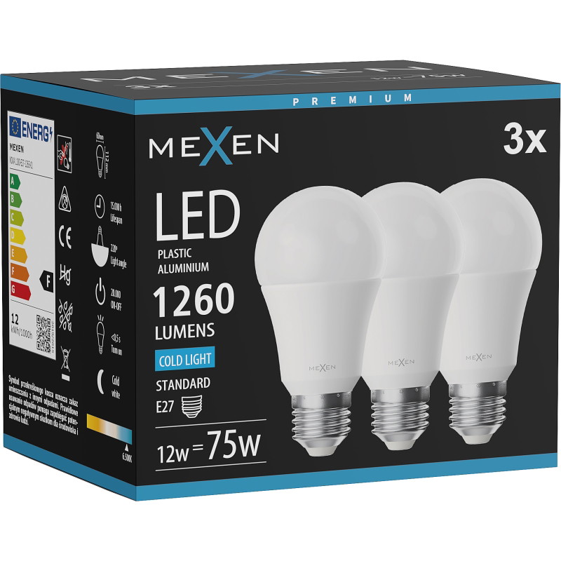 Mexen Nova 3x LED Крушка E27, A60, 12W, Студена - 6500K, 1260 lm - L100-E27-1265-01x03