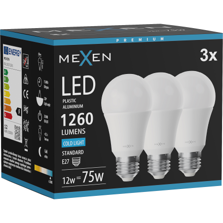 Mexen Nova 3x LED Крушка E27, A60, 12W, Студена - 6500K, 1260 lm - L100-E27-1265-01x03