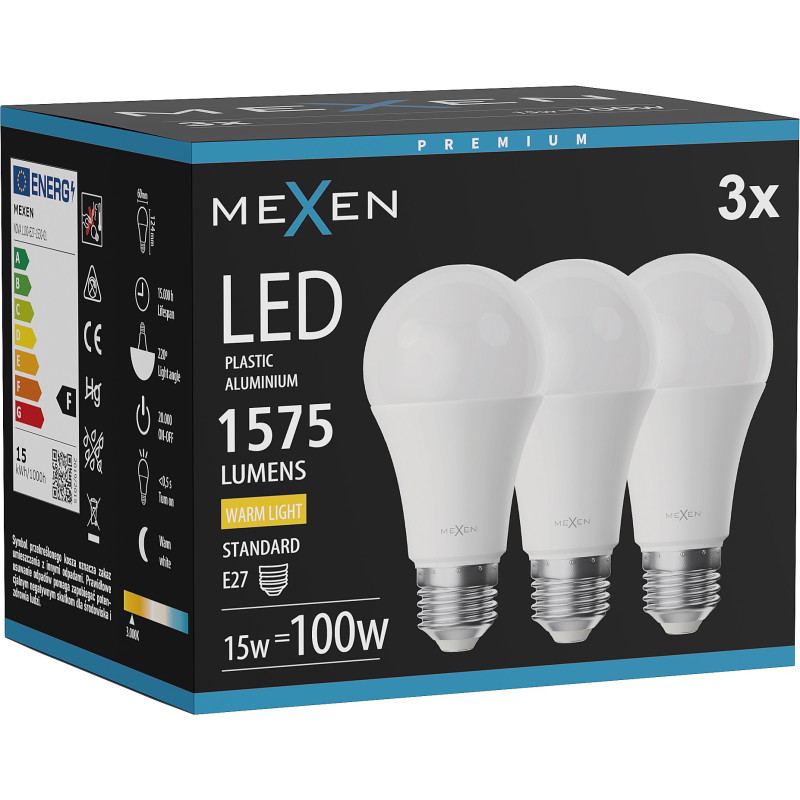 Mexen Nova 3x LED крушка E27, A60, 15W, Топла - 3000K, 1575 lm - L100-E27-1530-01x03