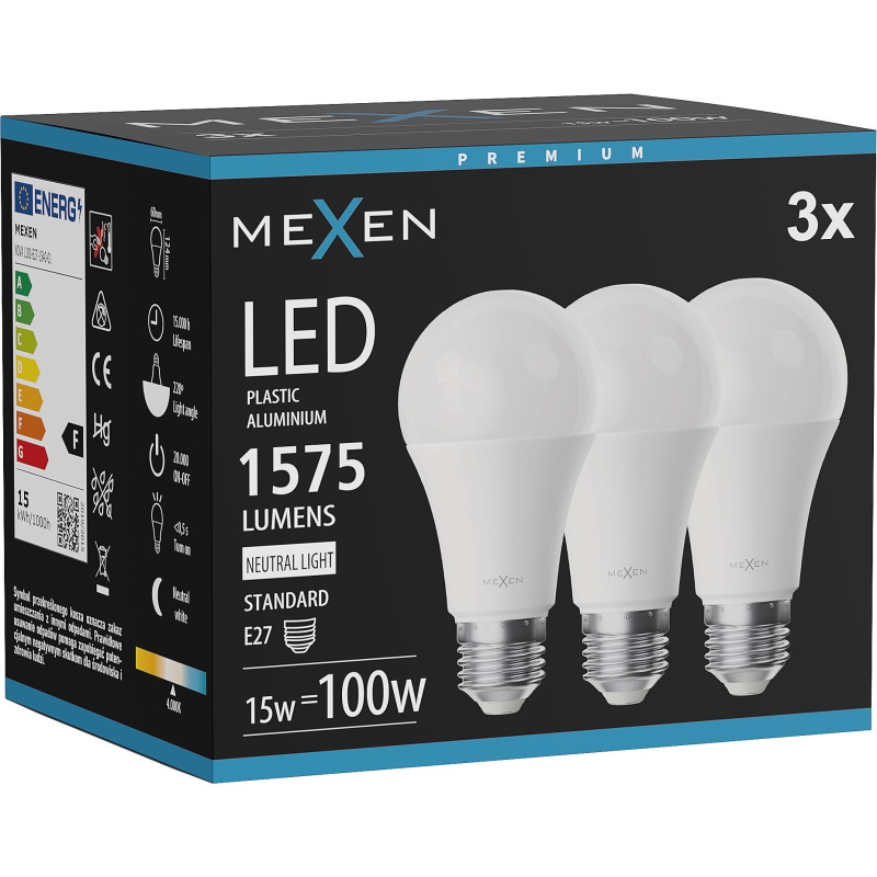 Mexen Nova 3x LED крушка E27, A60, 15W, Неутрална - 4000K, 1575 lm - L100-E27-1540-01x03