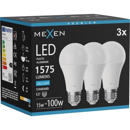 Mexen Nova 3х LED крушка E27, A60, 15W, Студена - 6500K, 1575 lm - L100-E27-1565-01x03