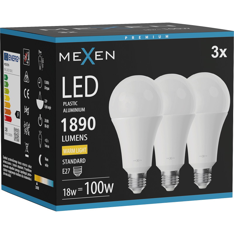 Mexen Nova 3x LED крушка E27, A70, 18W, Топла - 3000K, 1890 lm - L100-E27-1830-01x03
