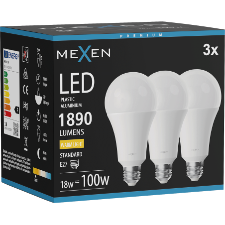Mexen Nova 3x LED крушка E27, A70, 18W, Топла - 3000K, 1890 lm - L100-E27-1830-01x03
